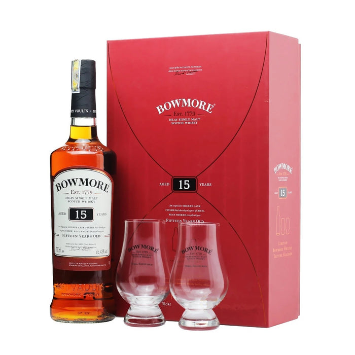 Bowmore 15 Year Old Scotch Whisky ABV 43% 70cl FREE 2 Whisky Glass Gift Set