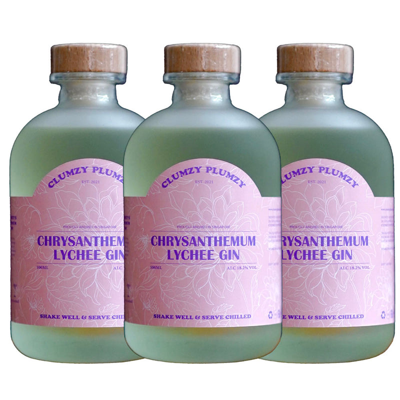 Bundle of 3 Bottles Clumzy Plumzy Chrysanthemum Lychee Gin ABV 18.2% 500ml