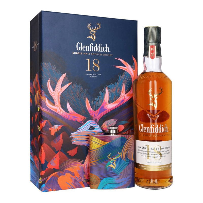 Glenfiddich 18 Year Speyside Single Malt Scotch Whisky ABV 40% 70cl Giftset with Hipflask