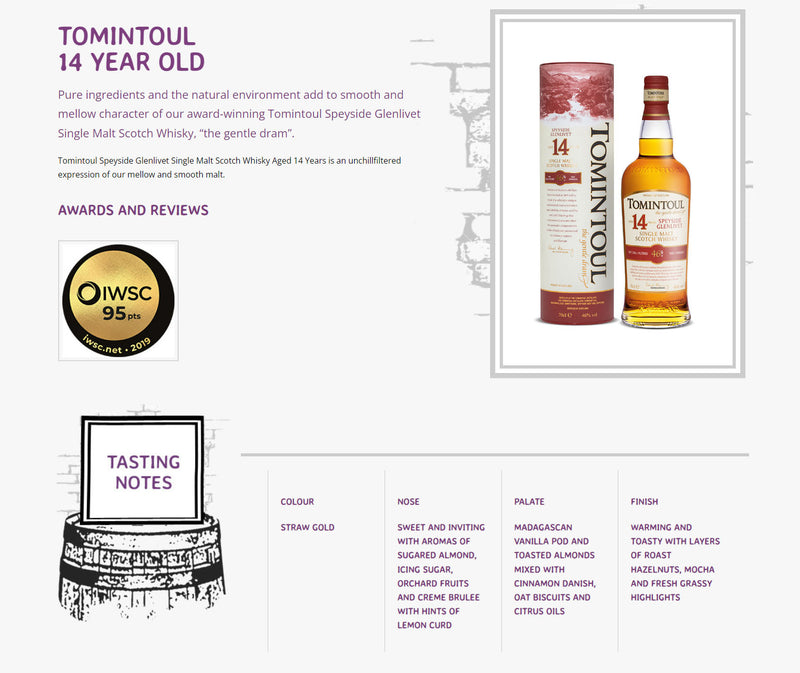 Tomintoul 14 Year Old Speyside Single Malt Scotch Whisky ABV 46% 700ml