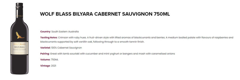 Wolf Blass Bilyara Cabernet Sauvignon 2021 ABV 13.5% 750ml