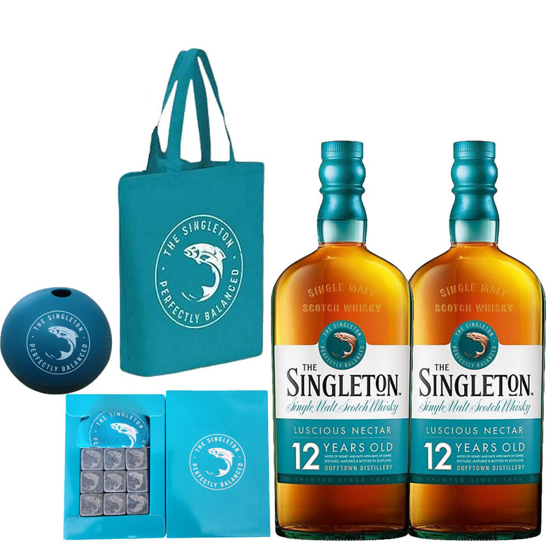 The Singleton of Dufftown 12 Year Old Single Malt Scotch Whisky ABV 40% 700ml x 2 Bottles + Tote bag, Ice Ball Mould and Whisky Stone