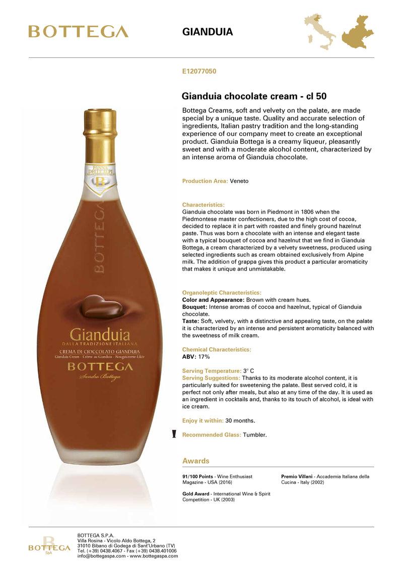 Bottega Gianduia Liquore Chocolate ABV 17% 500ml