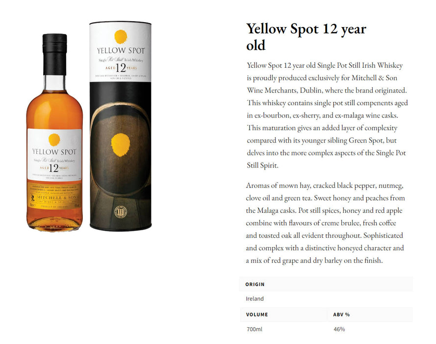 Yellow Spot 12 Years Single Pot Still Irish Whiskey ABV 46% 700ml