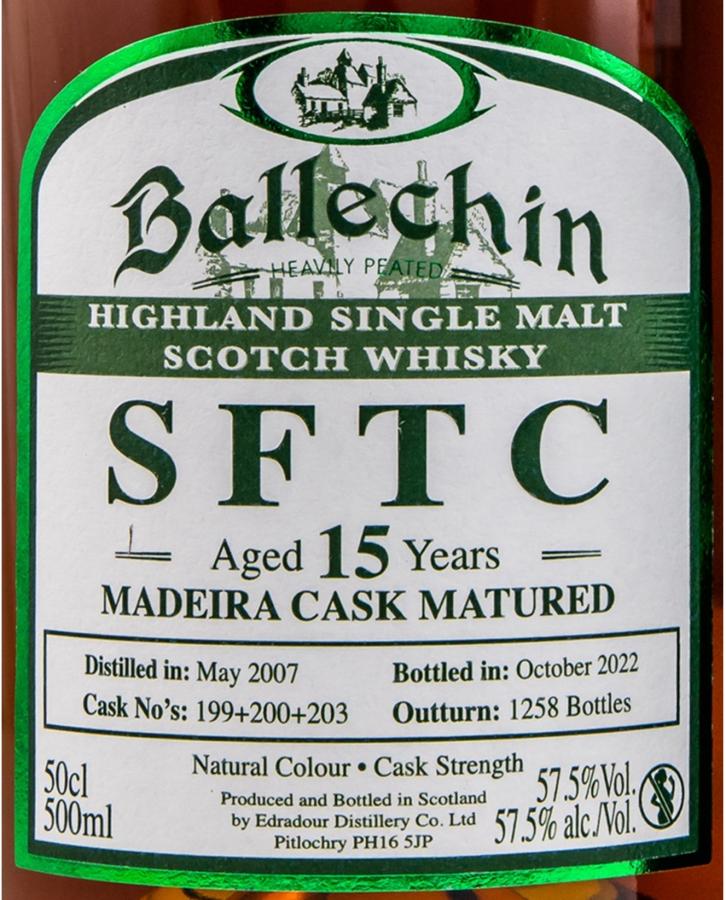 Ballechin 15 Year Old SFTC Madeira Cask Matured 2007 Heavily Peated Cask#199+200+203 Highland Single Malt Scotch Whisky ABV 57.5% 50cl