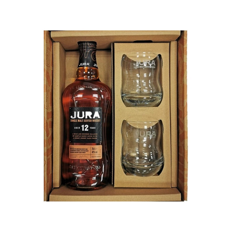 Jura 12 Year Old Single Malt Whisky with 2 Whisky Glasses Gift Set