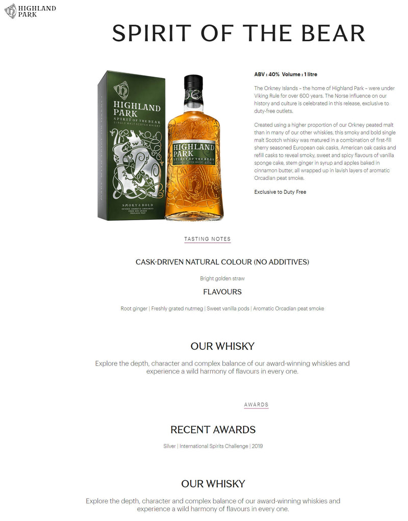 Highland Park Spirit Of The Bear Single Malt Scotch Whisky ABV 40% 1000ml (1L)