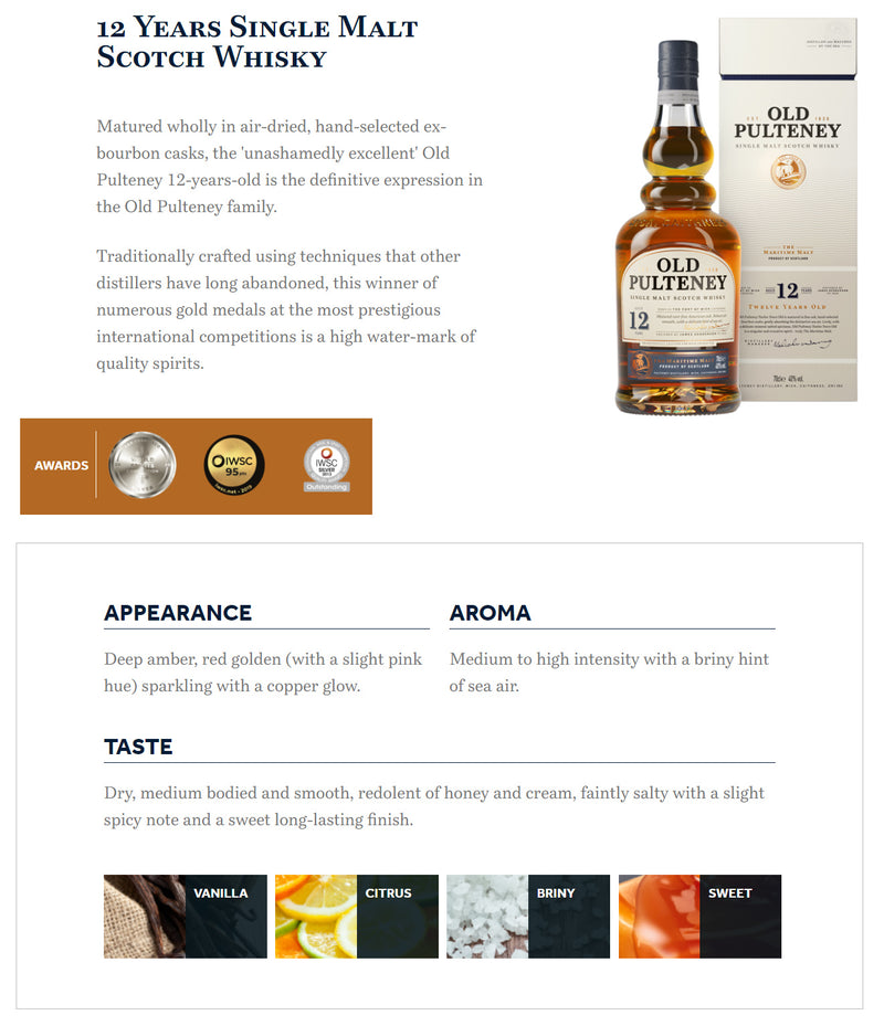 Old Pulteney 12 Year Old Single Malt Scotch Whisky ABV 40% 700ml + Old Pulteney 12 Year Old Single Malt Scotch Whisky 50ml (Bundle Deal)