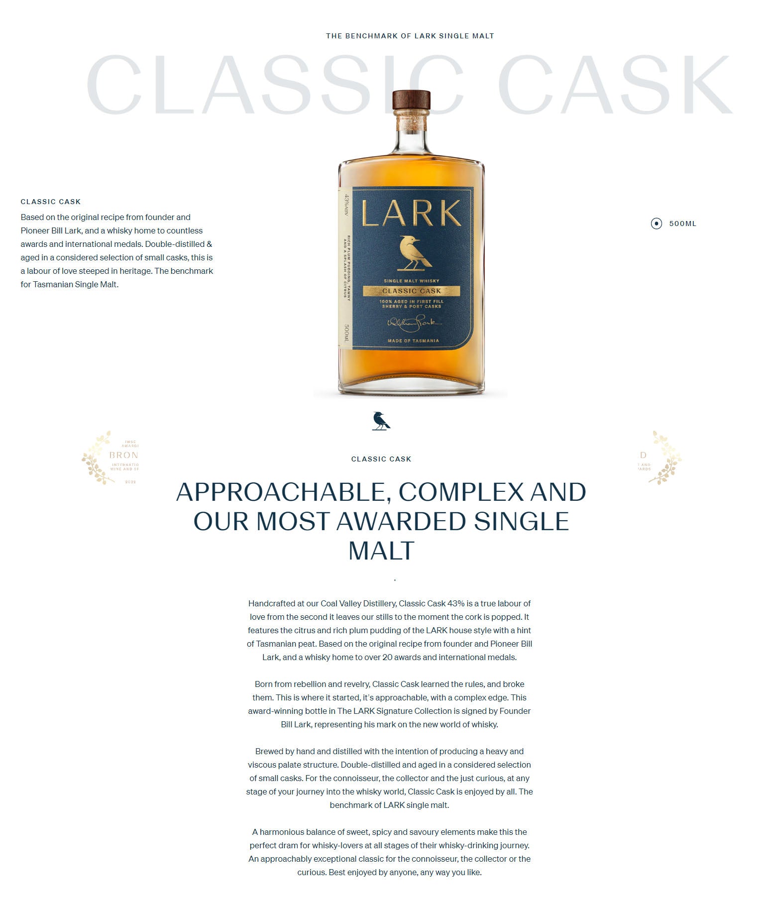 Lark Classic Cask Single Malt Whisky ABV 43% 500ml — The Liquor