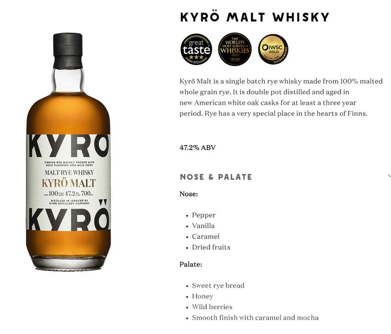 Kyro Malt Rye Whisky ABV 47.2% 700ml