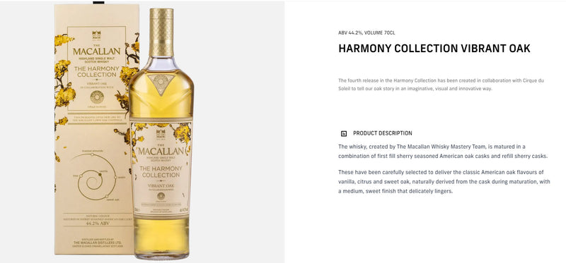 The Macallan The Harmony Collection IV Vibrant Oak Highland Single Malt Scotch Whisky ABV 44.2% 70cl with Gift Box