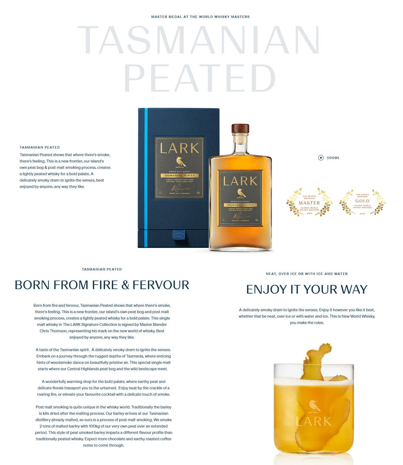 Lark Tasmanian Peated Single Malt Whisky ABV 46% 500ml
