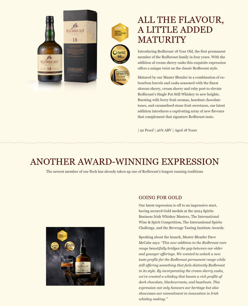 Redbreast 18 Year Old Single Pot Still Irish Whiskey ABV 46% 700ml