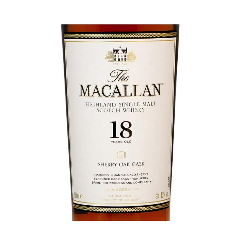 The Macallan 18 Year Old Sherry Oak - 2022 Annual Release Highland Single Malt Scotch Whisky ABV 43% 70cl with Gift Box