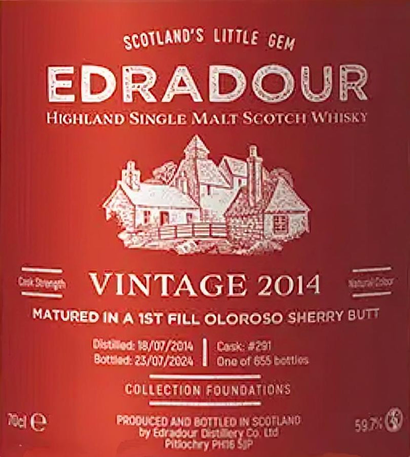 Edradour 10 Year Old 2014 1st Fill Oloroso Sherry Butt Cask #291 Foundations Highland Single Malt Scotch Whisky ABV 59.7% 700ml