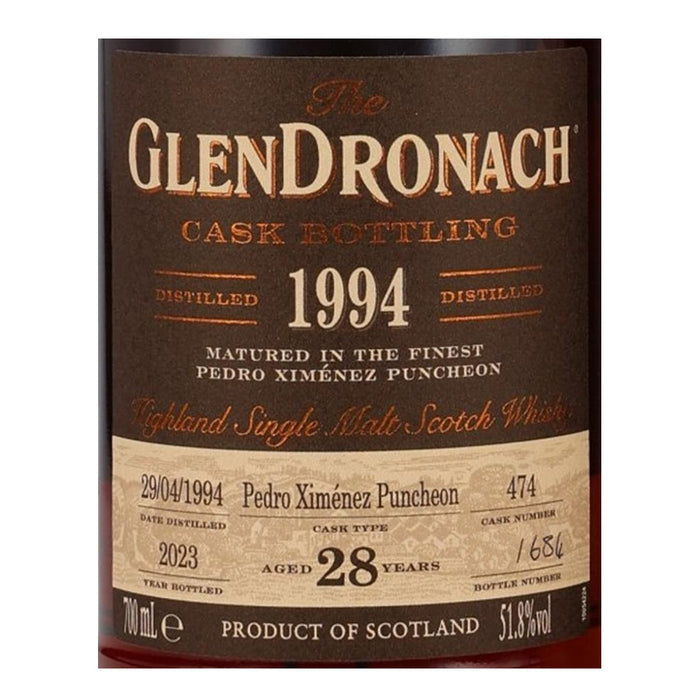 The Glendronach 28 Year Old Distilled 1994 Pedro Ximenez Puncheon #474 Single Cask Highland Single Malt Scotch Whisky ABV 51.8% 70cl with Gift Box
