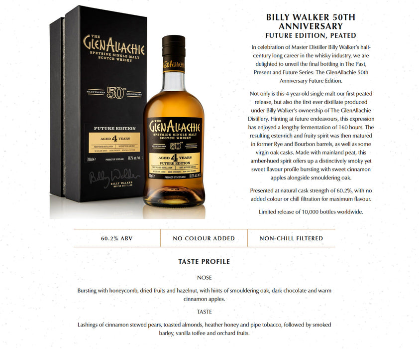 The GlenAllachie Billy Walker 50th Anniversary Future Edition Peated Speyside Single Malt Scotch Whisky ABV 60.2% 70cl with Gift Box