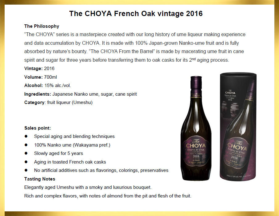 その他 The CHOYA FRENCH OAK 2016 700ml The CHOYA French Oak 2016 700ml — The Liquor Shop Singapore