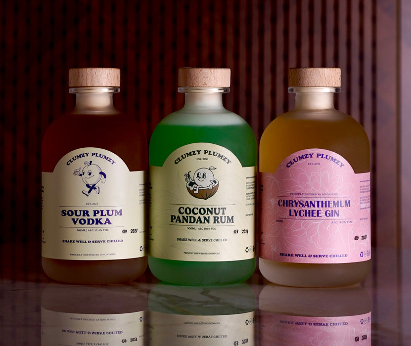 (Flash Sale) Bundle of 3 Bottles Clumzy Plumzy Sour Plum Vodka, Chrysanthemum Lychee Gin and Coconut Pandan Rum 500ml