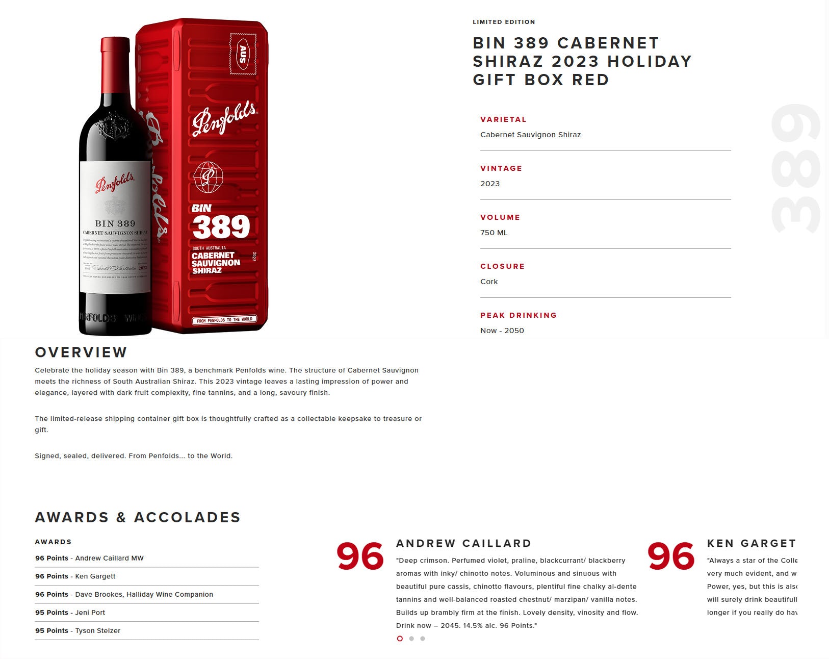 Penfolds Bin 389 Cabernet Shiraz 2023 Red Holiday Gift Box 750ml