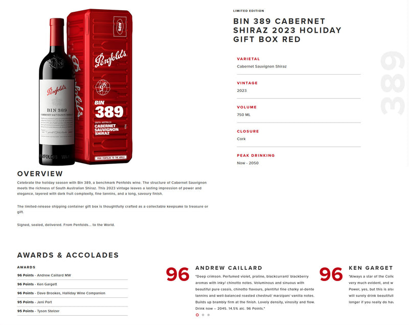 Penfolds Bin 389 Cabernet Shiraz 2023 Red Holiday Gift Box 750ml