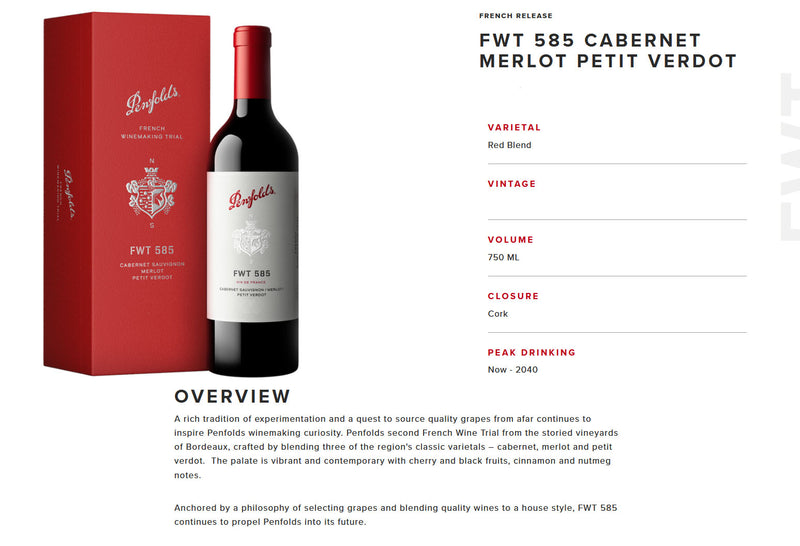 Penfolds FWT 585 Cabernet Merlot Petit Verdot 750ml with Gift Box