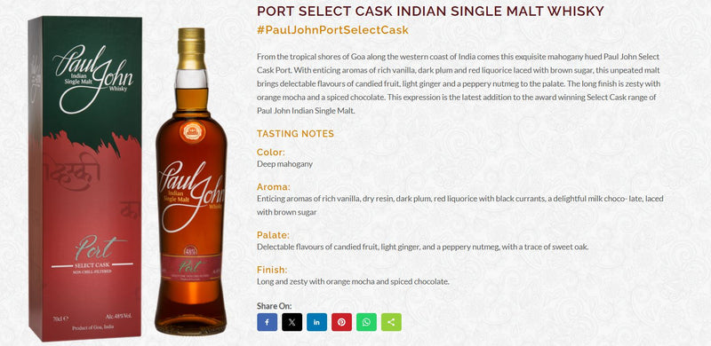 (EOY Sale - 10% off at Check Out) Paul John Port Select Cask Indian Single Malt Whisky ABV 48% 700ml with Gift Box