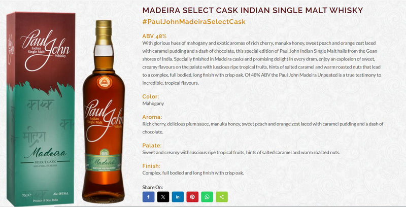 (EOY Sale - 10% off at Check Out) Paul John Madeira Select Cask Indian Single Malt Whisky ABV 48% 700ml with Gift Box