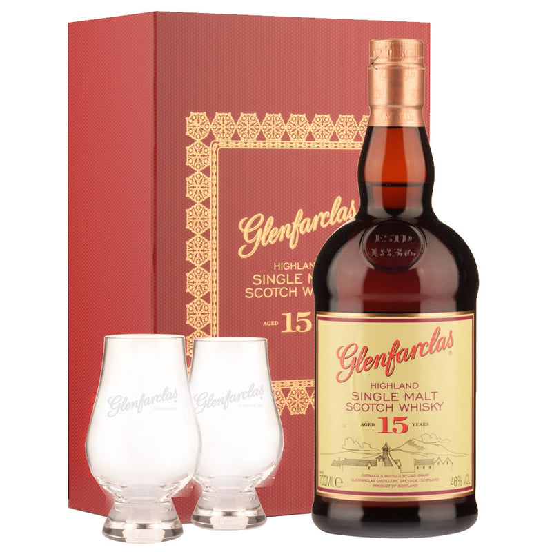 Glenfarclas 15 Year Old Highland Single Malt Scotch Whisky ABV 46% 700ml with 2 Glencairn Glasses Gift Set