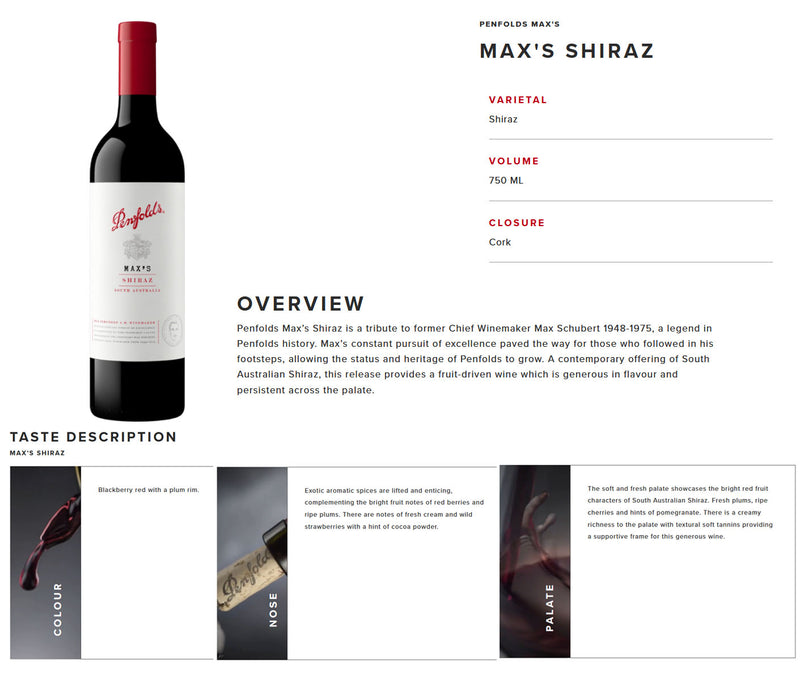 Penfolds Max's Shiraz 750ml Free Penfolds Wine Carrier Bag