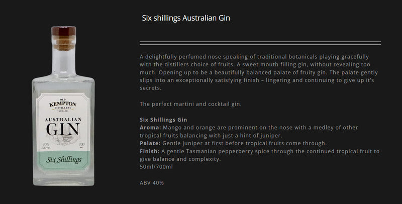 (WGD 40% off at check out) Old Kempton Distillery Tasmania Six Shillings Australian Gin ABV 40% 700ml