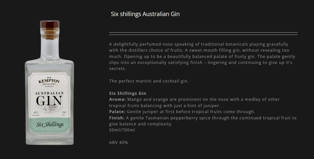 (WGD 40% off at check out) Old Kempton Distillery Tasmania Six Shillings Australian Gin ABV 40% 700ml