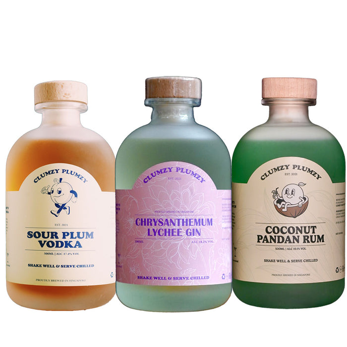 (Flash Sale) Bundle of 3 Bottles Clumzy Plumzy Sour Plum Vodka, Chrysanthemum Lychee Gin and Coconut Pandan Rum 500ml