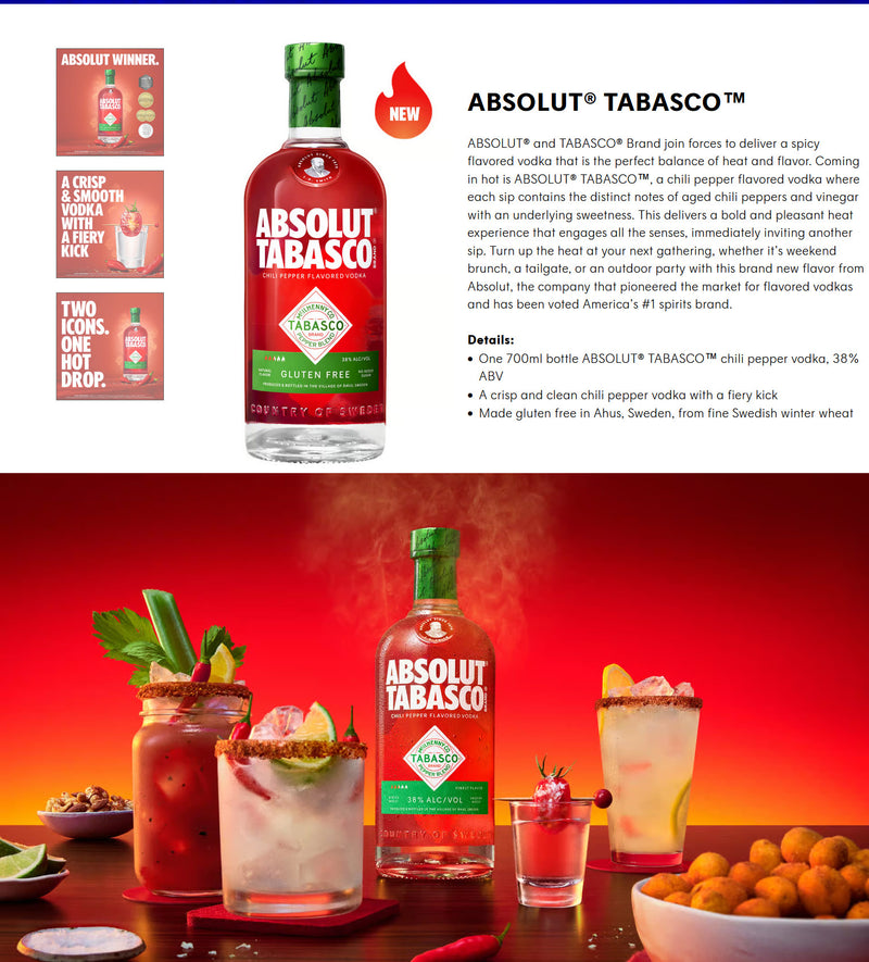 Absolut Tabasco Chili Pepper Flavored Vodka ABV 38% 700ml