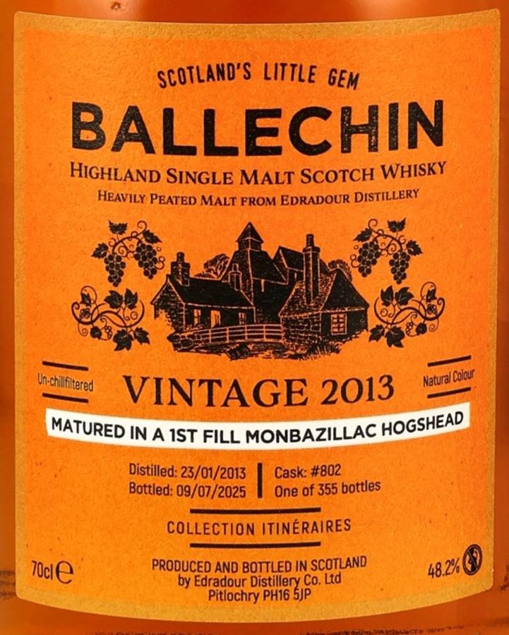 Ballechin 12 Years 2013 1st Fill Monbazillac Hogshead #802 Itineraires Highland Single Malt Scotch Whisky ABV 48.2% 700ml