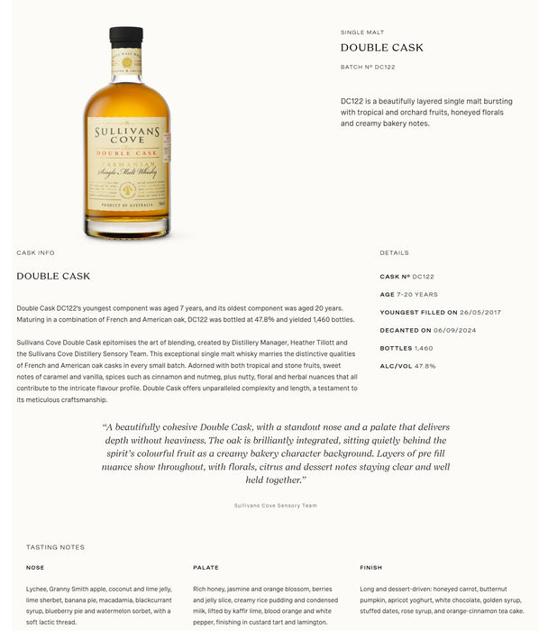 Sullivans Cove Double Cask DC122 Single Malt whisky ABV 47.8% 700ml