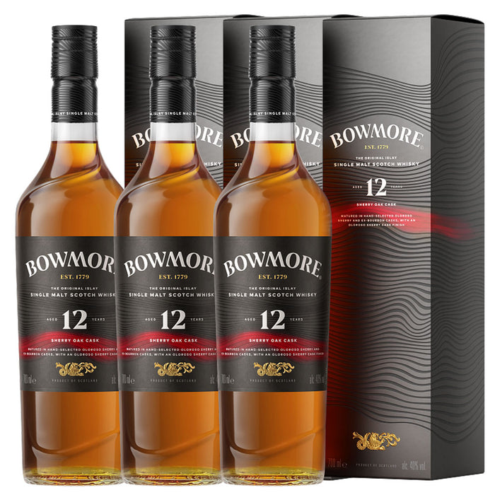 Bundle of 3 Bottles Bowmore 12 Year Sherry Oak Cask ABV 40% 700ml with Box