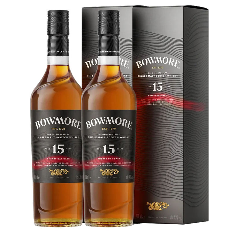 Bundle of 2 Bottles Bowmore 15 Year Sherry Oak Cask ABV 43% 700ml with Box