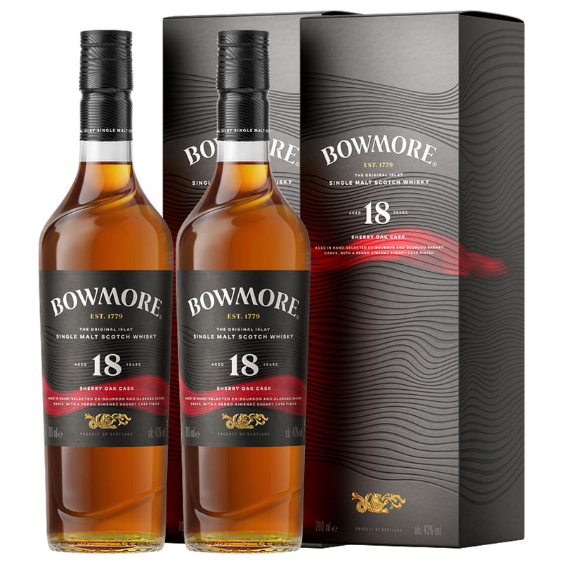 Bundle of 2 Bottles Bowmore 18 Year Sherry Oak Cask ABV 43% 700ml with Box
