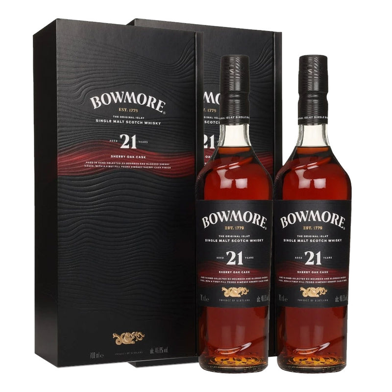 Bundle of 2 Bottles Bowmore 21 Year Old Sherry Oak Cask ABV 46.8% 700ml