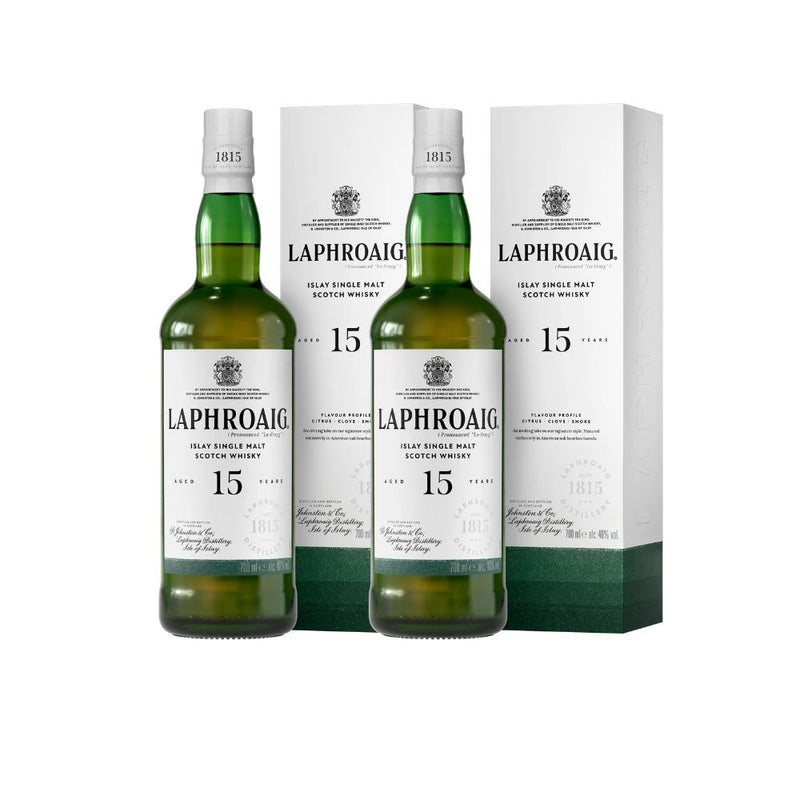 Bundle of 2 Bottles Laphroaig 15 Year Old Islay Single Malt Scotch Whisky ABV 46% 700ML