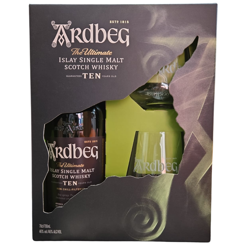 Ardbeg 10 Year Old with 2 Glasses VAP Islay Single Malt Scotch Whisky ABV 46% 70cl With Gift Box (Gift Set)