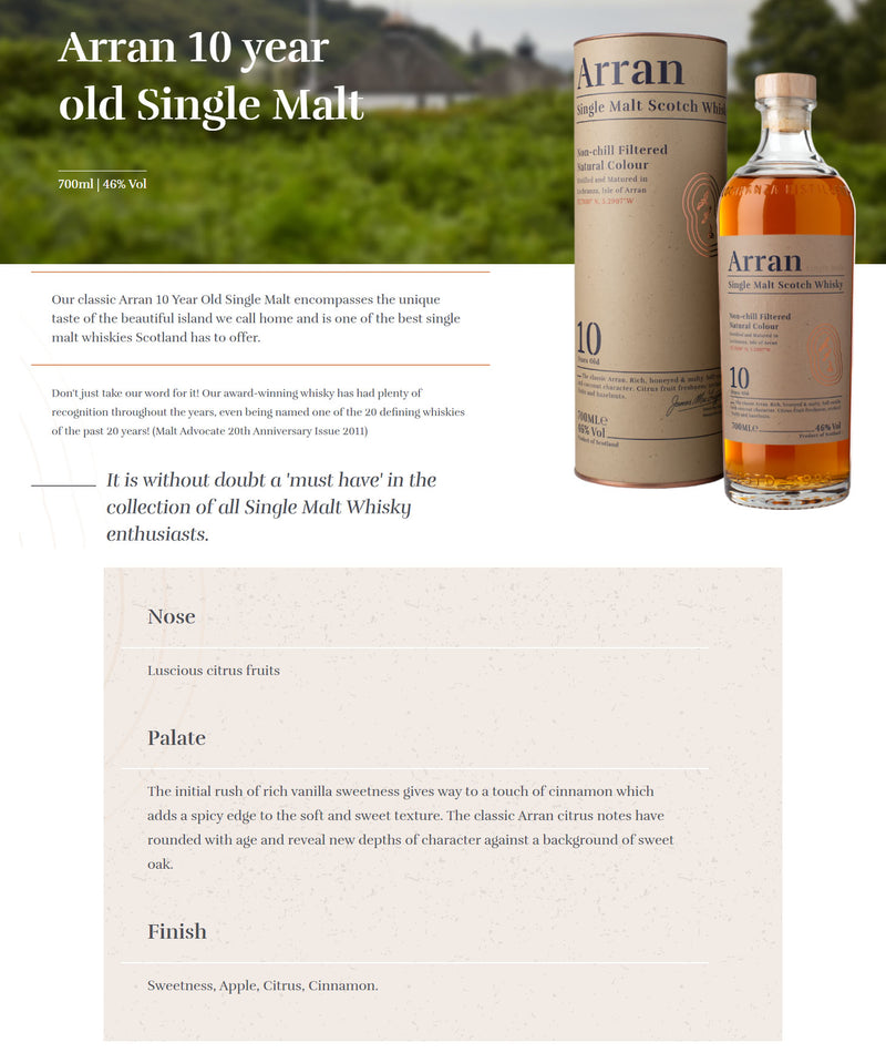 The Arran 10 Year Old Single Malt Scotch Whisky ABV 46% 70cl With Gift Box