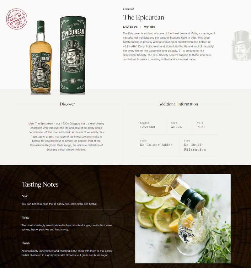 (Flash Sale - 60% off at check out) Douglas Laing's The Epicurean Lowland Blended Malt Scotch Whisky ABV 46.2% 70cl With Gift Box