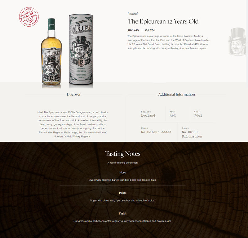 (Flash Sale - 60% off at check out) Douglas Laing's The Epicurean 12 Years Old Lowland Blended Malt Scotch Whisky ABV 46% 70cl With Gift Box