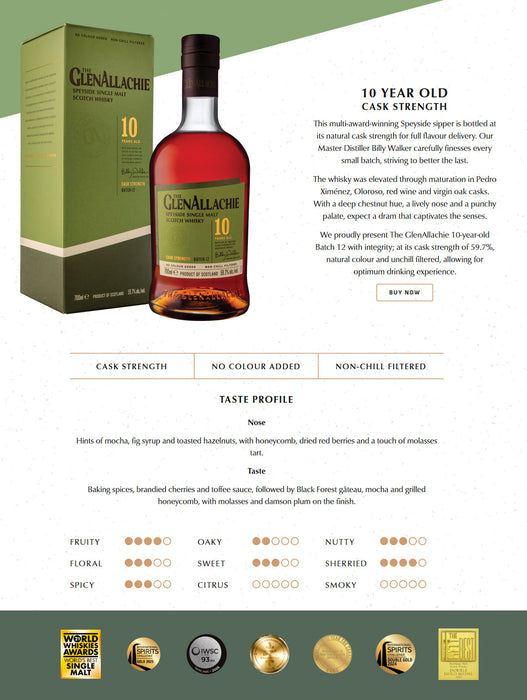 (MAR2026 Sale) GlenAllachie 10 Year Old Cask Strength Batch 12 Speyside Single Malt Scotch Whisky with Gift Box ABV 59.7% 700ml
