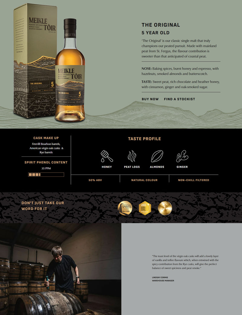 (EOY  Sale - discount at check out) Meikle Toir The Original 5 Year Peated Speyside Single Malt Scotch Whisky ABV 50% 700ml with Gift Box