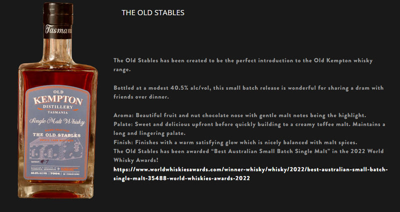 Old Kempton The Old Stables Tasmania Single Malt Whisky ABV 40.5% 70cl