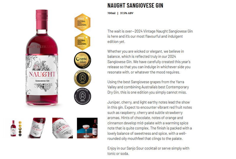 Naught Sangiovese Gin 700ml ABV 37.5% 700ml