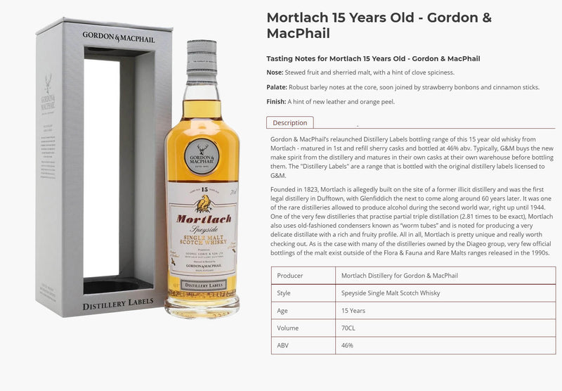 Mortlach 15 Year Old Gordon & Macphail Speyside Single Malt Scotch Whisky ABV46% 70cl (No Box)